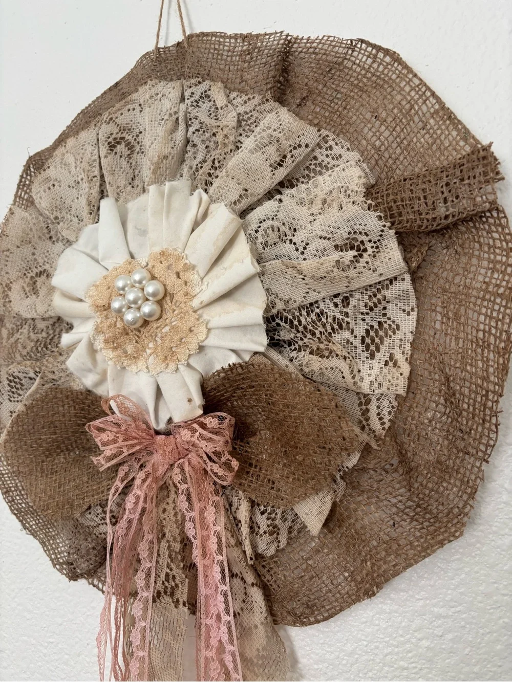 Rustic Farmhouse Burlap Lace Wall Rosette w/ Dusty Vintage Pink Bow Final Sale